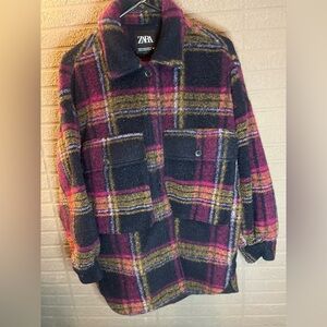 Zara Women's Teddy Jacket - Pink, Black, and Yellow Plaid